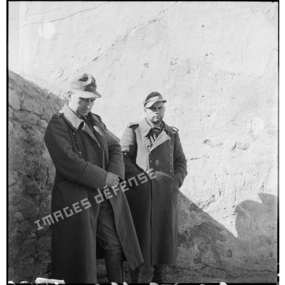 Deux prisonniers allemands, déserteurs du corps expéditionnaire de l'Afrikakorps, ont été conduits dans un poste de commandement d'un secteur français.
