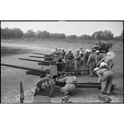 Des légionnaires de l'escadron antichars du 1er REC (régiment étranger de cavalerie) se préparent à déplacer leurs canons de 57 mm M1 à l'issue de la prise d'armes près de la forêt de la Mamora.