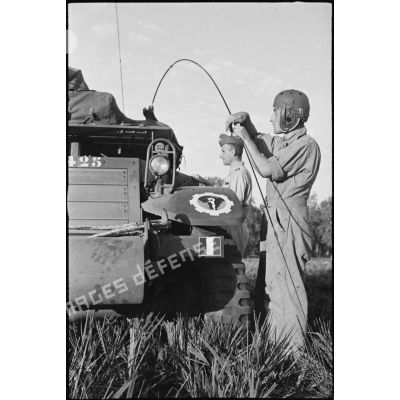 Un chasseur, membre d'équipage du half-track M3 radio Fomalhaud du 12e régiment de chasseurs d'Afrique (12e RCA)) de la 2e division blindée (2e DB), examine l'antenne radio de son véhicule.