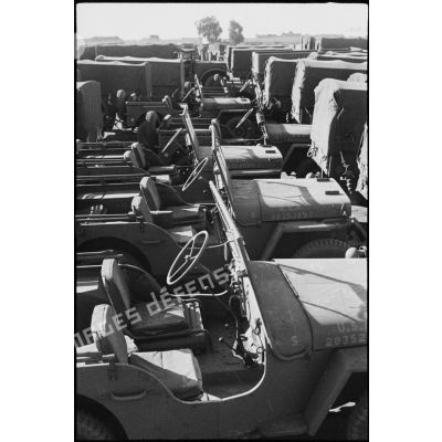 Stockage de jeeps Ford GPW et de remorques bâchées sur la chaîne de montage de matériel américain destiné aux troupes françaises sur le port de Casablanca.