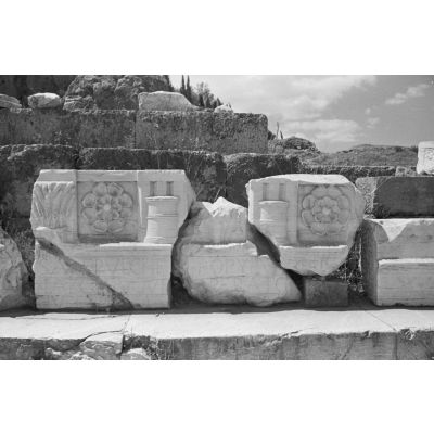Dans les ruines antiques d'Éleusis (Elefsina) : une architrave avec une rosette (rodakas), une bulle (kistis) et un bouquet d'épis de blé, signes de fertilité.