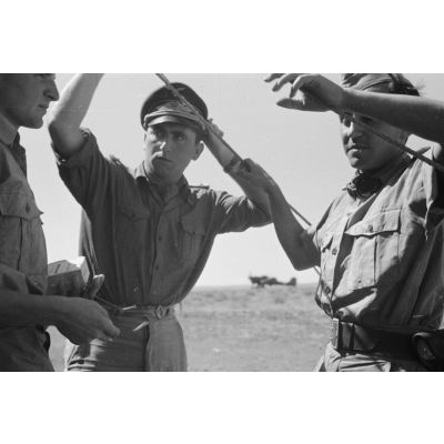 Trois officiers de la Luftwaffe, dont deux membres de Sturzkampfgeschwader 3 et au centre le reporter Richard Kamm.