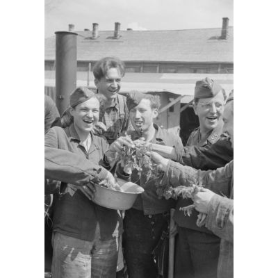 Devant le garage de la 1re compagnie de propagande de l'armée de l'air allemande (Luftwaffe Kriegsberichter Kompanie 1, Lw.K.B.K.1), des membres de la Pk se réjouissent de la récolte de radis.