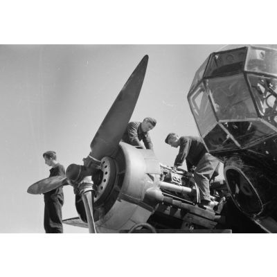 Des mécaniciens  s'affairent sur l'un des moteurs BMW d'un bombardier Ju-88 du Kampfgeschwader 3 Blitz.