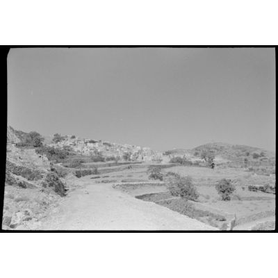 Un village entouré par des cultures en terrasse sur l'île de Naxos.