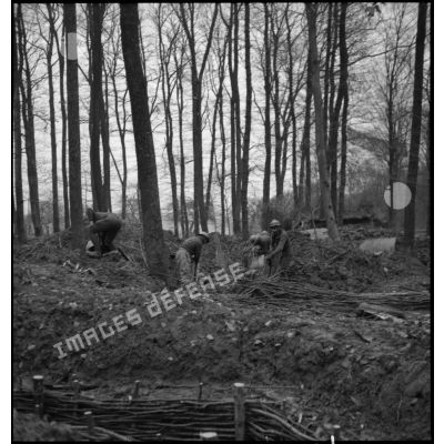 Des soldats de la 4e armée creusent une tranchée dans un bois.