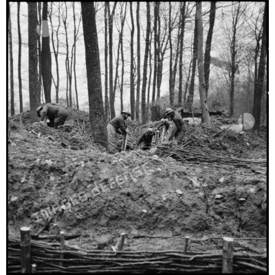 Des soldats de la 4e armée aménagent une tranchée dans un bois.
