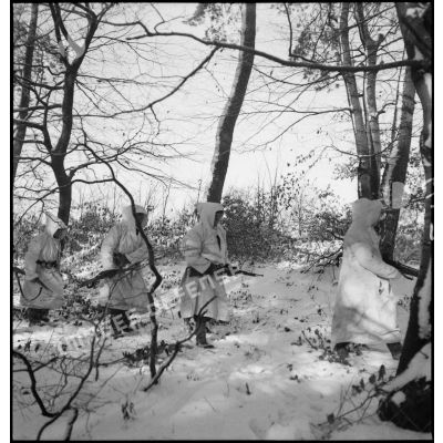 Des fantassins de la 5e armée, membres d'un corps franc, équipés de survêtements de camouflage sur leur tenue de campagne et probablement de mousquetons M1892, sont en mission de patrouille à la lisière d'un bois.