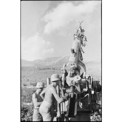 En Crète, les artilleurs du canon "A" de la 3e batterie du FlaK-Regiment 23 s'activent autour d'un canon de 8,8 cm FlaK.