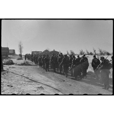 Lors de l'opération Büffelbewegung, la retraite de fantassins allemands sur la route Wjasma-Smolensk.