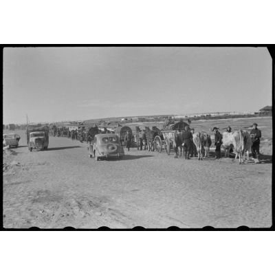 Un convoi hippomobile composé de fantassins allemands et de civils russes marque une pause après la traversée d'un pont.