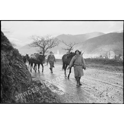 Colonne de tirailleurs marocains de la 2e DIM (division d'infanterie marocaine), avec leurs mulets, avançant sur une route de montagne au-dessus de Thann (Haut-Rhin).