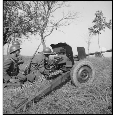 Plan général de soldats qui servent un canon antichar de 25 mm M34 photographié de trois quarts dos.