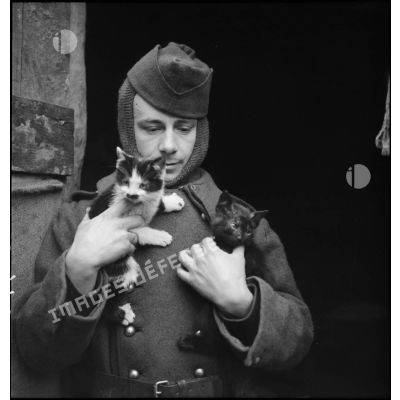 Portrait d'un soldat de la 2e armée avec deux petits chats.