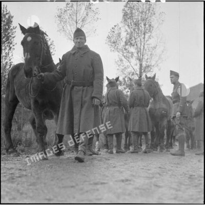 Des soldats de la 42e DI tiennent par la bride des chevaux de trait.