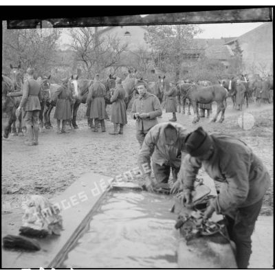 Des soldats de la 42e DI nettoient des brelages de bêtes de trait dans un abreuvoir.
