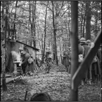 En forêt dans un cantonnement de campagne photographie de groupe de fantassins de la 3e armée.
