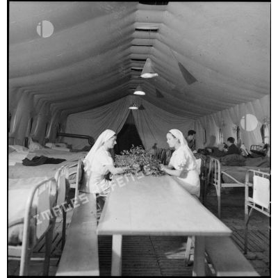 Deux infirmières accrochent du gui sous une tente hôpital dans le secteur de la 4e armée.