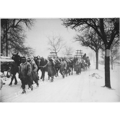 Plan général d'un convoi hippomobile de la 4e armée qui avance dans la neige.