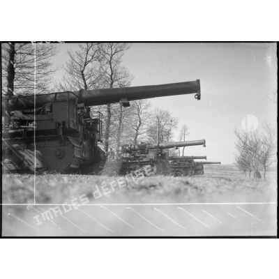 Des canons de 194 GPF sur affût chenillé sont en batterie à l'orée d'un bois dans le secteur de la 4e armée.