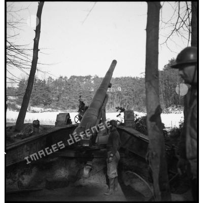 Une pièce de 155 mm GPF de la 5e armée, mise en batterie à la lisère d'un bois, est photographiée de dos.