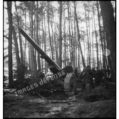 Une pièce de 155 mm GPF de la 5e armée de trois quarts avant, mise en batterie à la lisère d'un bois en Alsace.