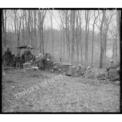 Des soldats de la 5e armée sont postés dans une tranchée près d'un bois.