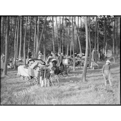 Un groupe de réfugiés fait une halte dans un bois du Bas-Rhin, secteur de la 5e armée.