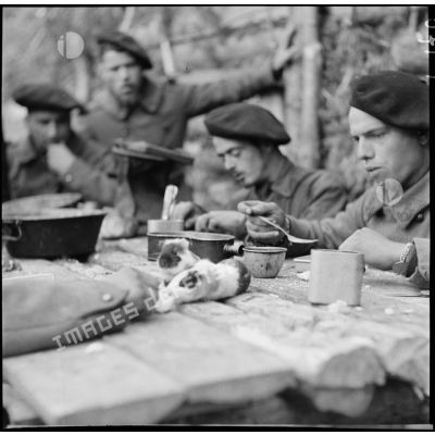 Des chasseurs du 9e BCA mangent autour d'une table en rondin.