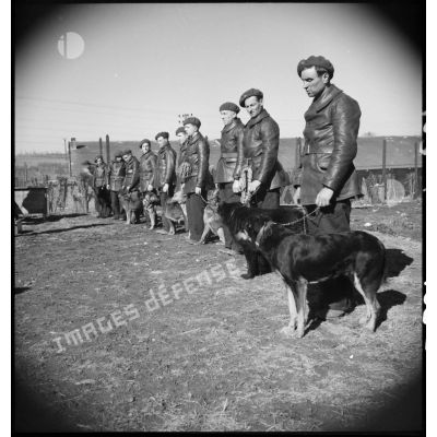 Passage en revue par un officier de soldats accomagnés de leurs chiens lors d'une formation cynophile.