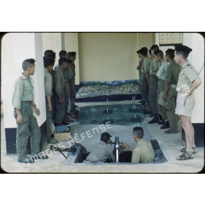 Instruction de tir au mortier à l'école d'officiers de l'Armée nationale du Laos.