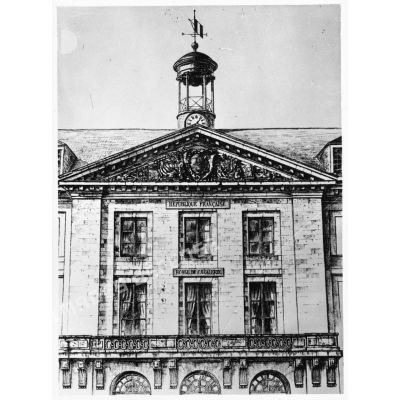 Gravure représentant le fronton du bâtiment principal de l'école de l'application de la cavalerie à Saumur.