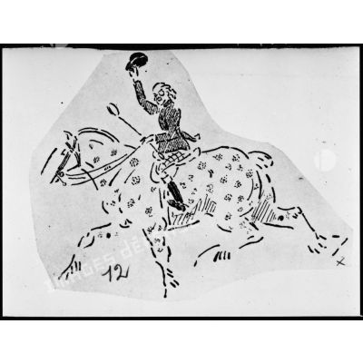 Gravures ou dessins représentant des cavaliers et leurs montures.
