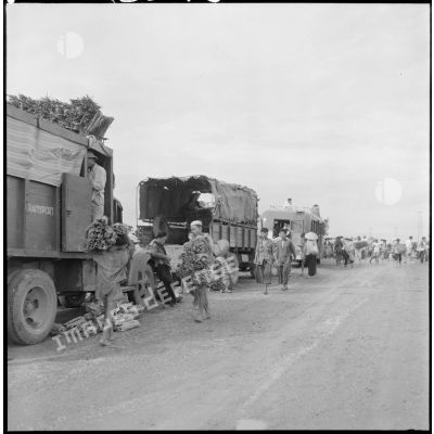 Chargement de bois dans des camions civiles et militaires sur le marché de Cau Dong.