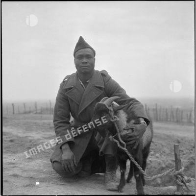 Un sergent des troupes coloniales pose avec la mascotte : un bouc.