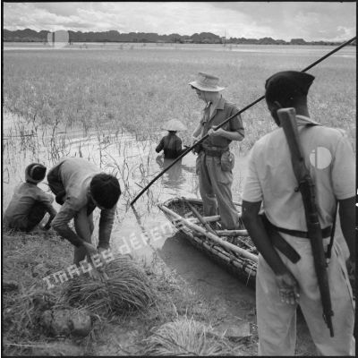 Des soldats français sur une barque en bambou surveillant la récolte du riz.