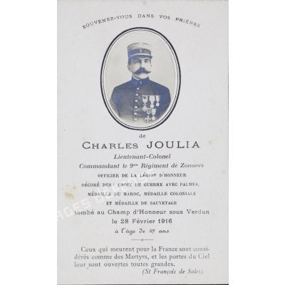 Souvenez-vous dans vos prières de Charles Joulia, lieutenant-colonel le 9e régiment de zouaves [...]. [légende d'origine]