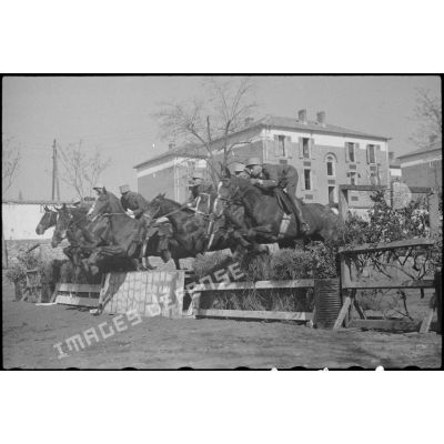 Des sous-officiers du 7e régiment de chasseurs à cheval (RCC) et leurs montures franchissent des obstacles.
