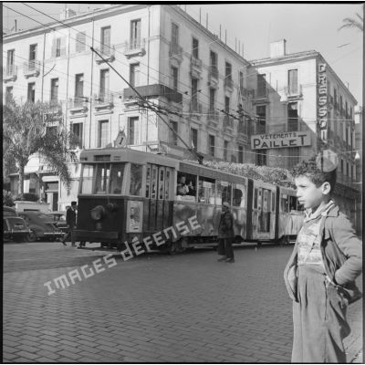 Vue d'un tramway place du Gouvernement à Alger.