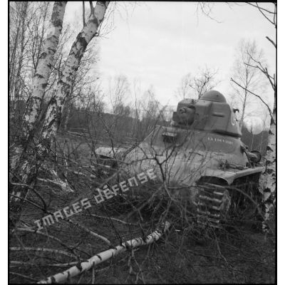 Un char léger Hotchkiss M39 H de la 3e DLM baptisé la louvière progresse dans un sous-bois.