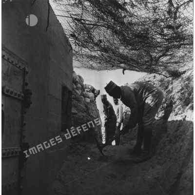 Des tirailleurs sénégalais creusent une tranchée près d'une casemate.