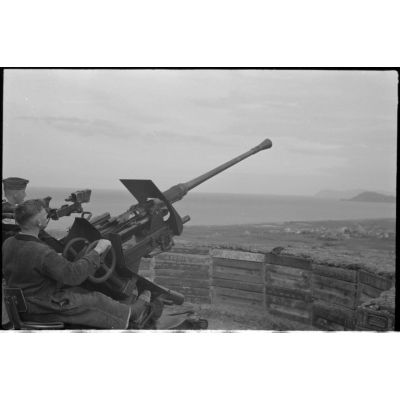 En Crète dans le secteur de Maleme, des artilleurs allemands derrière un canon de 3,7 cm FlaK 36.