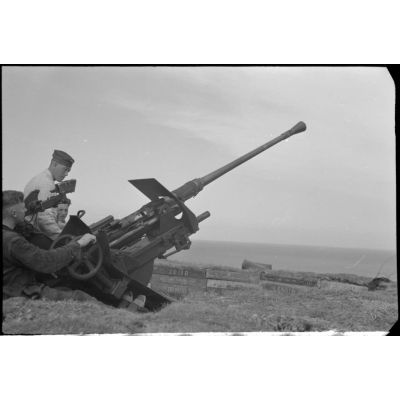 En Crète dans le secteur de Maleme, des artilleurs allemands derrière un canon de 3,7 cm FlaK 36.