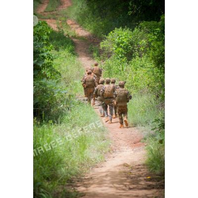 Soldats du détachement du 3e RG du GTIA (groupement tactique interarmes) Turco évoluant sur une route de campagne dans le cadre d'une reconnaissance des ponts sur l'axe reliant Bindi à Bambari, celui-ci permettant de rejoindre le centre-ville depuis la BOA (base opérationnelle avancée).