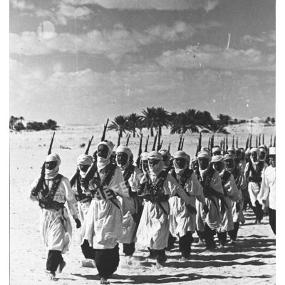 Des hommes d'une compagnie des oasis sahariennes défilent dans le désert.