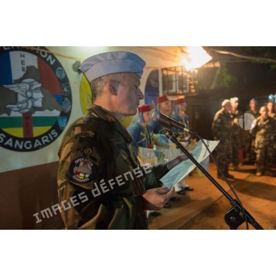 Discours du lieutenant-colonel Roland Mury du 501e RCC durant un banquet au camp M'Poko de Bangui, au terme d'un hommage adressé aux tirailleurs d'Afrique du Nord ayant combattu pendant la bataille de Garigliano de mai 1944.