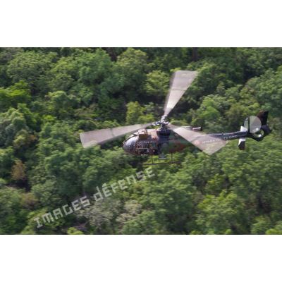 Un hélicoptère Gazelle SA-342 M du SGAM (sous-groupement aéromobile) Barracuda armé par le 3e RHC, survole la forêt centrafricaine pour une mission de vol de reconnaissance d'axe sur la MSR2 (main supply road n°2 ou route de ravitaillement principale n°2).