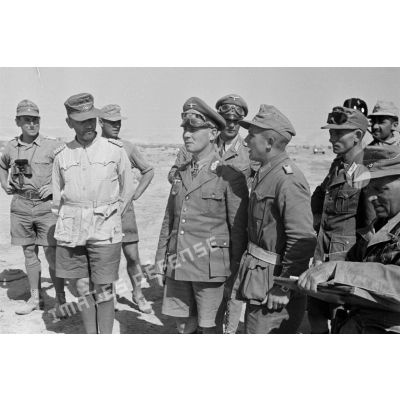 Les généraux Rommel et Gause suivent les explications d'un lieutenant (Leutnant), accompagnés d'officiers.