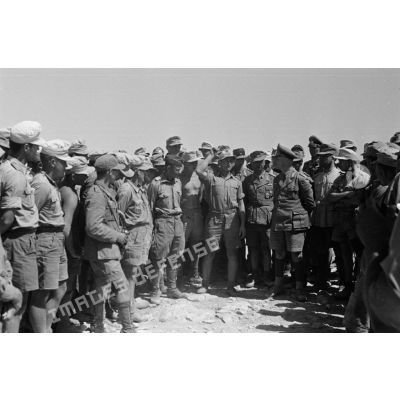 Le général Erwin Rommel et le capitaine Bach suivent les explications d'un sous-officier sur les combats.