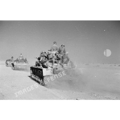 Les chars Panzer III (Pz-III) roulent en produisant des nuages de poussière.
